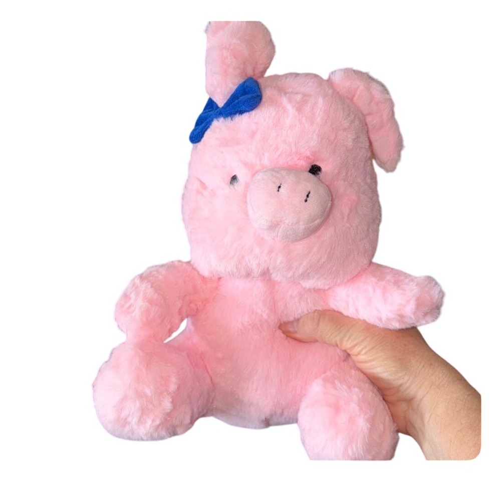 Plush Pink Pig Stuffed Animal Toy Blue Bow‎ Kids Gift